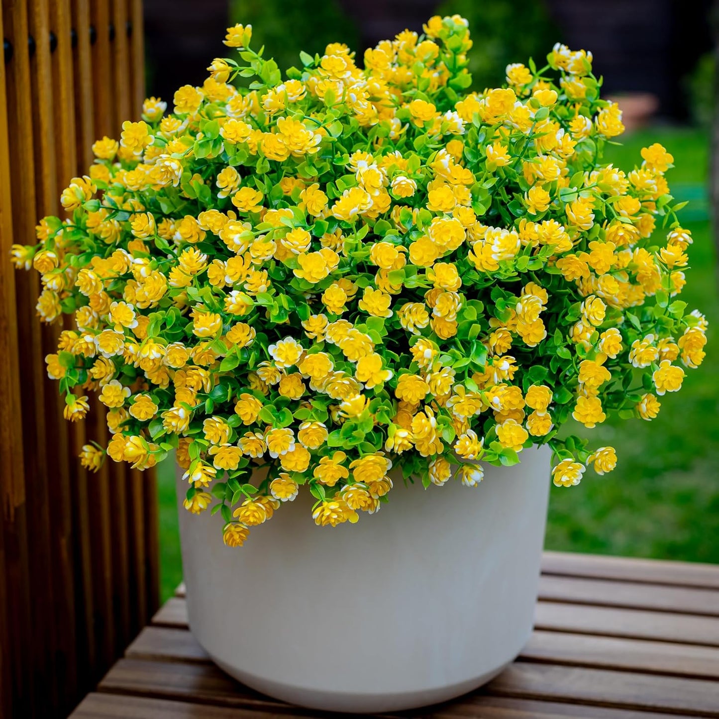 Artificial Flowers for Outdoors, 12 Bundles Fake Plants (Yellow) | UV resistant faux plastic flowers, no fade artificial greenery – garden, patio, porch & home