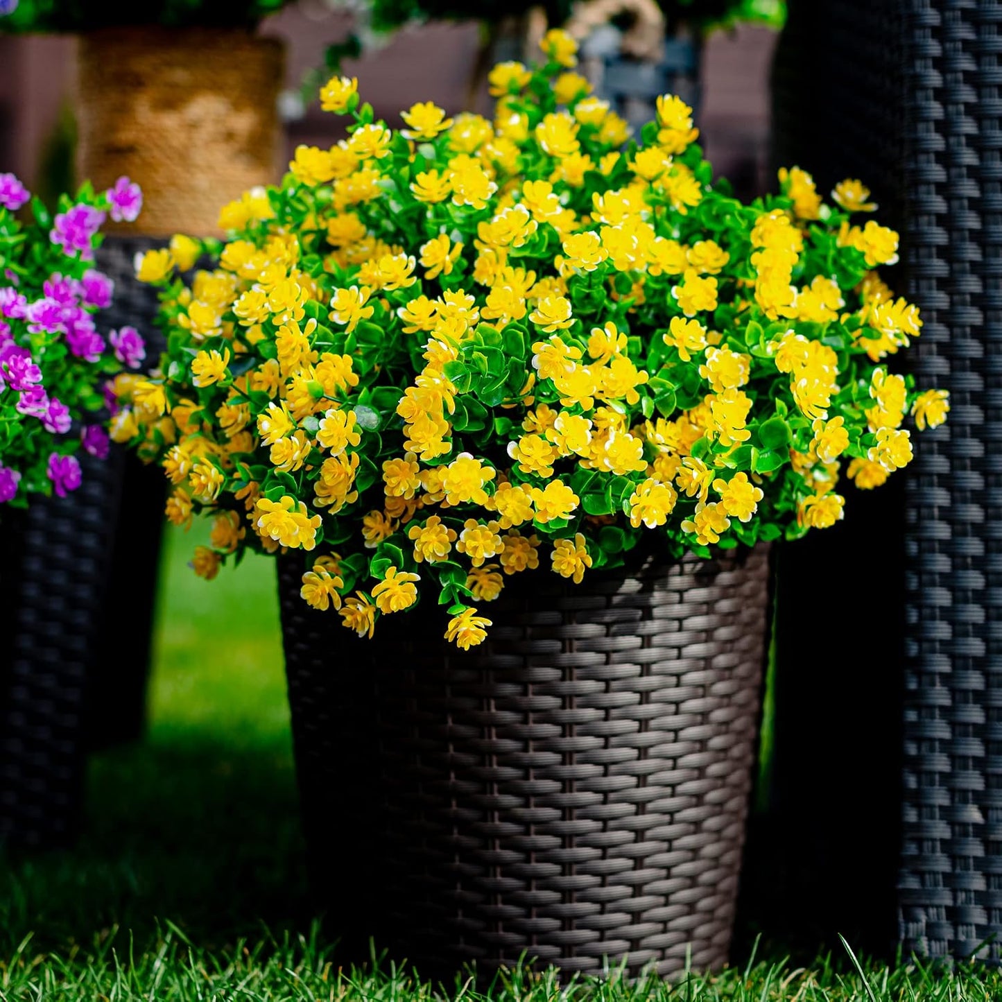 Artificial Flowers for Outdoors, 12 Bundles Fake Plants (Yellow) | UV resistant faux plastic flowers, no fade artificial greenery – garden, patio, porch & home