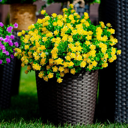 Artificial Flowers for Outdoors, 12 Bundles Fake Plants (Yellow) | UV resistant faux plastic flowers, no fade artificial greenery – garden, patio, porch & home