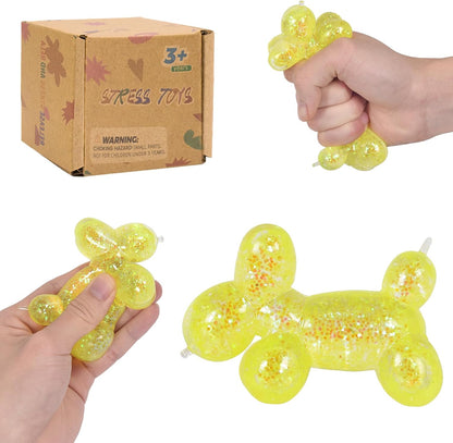 Balloon Dog Squishy Toy, Stretchy Sensory Fidget Toy for Kids and Adults, 1.97in Soft Stress Relief Squeeze Toy, Cute Balloon Animal Desk Toy, Glitter Squishy Gift(Yellow)