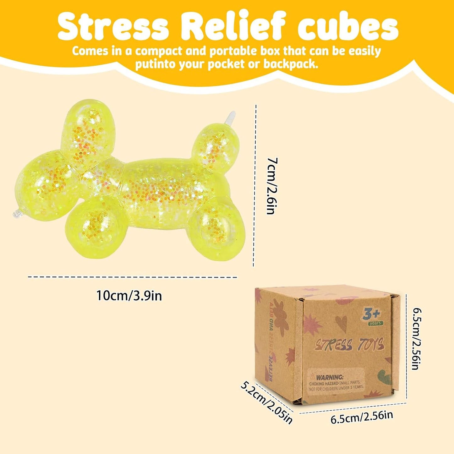 Balloon Dog Squishy Toy, Stretchy Sensory Fidget Toy for Kids and Adults, 1.97in Soft Stress Relief Squeeze Toy, Cute Balloon Animal Desk Toy, Glitter Squishy Gift(Yellow)