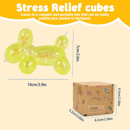 Balloon Dog Squishy Toy, Stretchy Sensory Fidget Toy for Kids and Adults, 1.97in Soft Stress Relief Squeeze Toy, Cute Balloon Animal Desk Toy, Glitter Squishy Gift(Yellow)