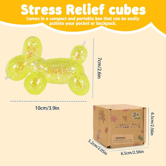 Balloon Dog Squishy Toy, Stretchy Sensory Fidget Toy for Kids and Adults, 1.97in Soft Stress Relief Squeeze Toy, Cute Balloon Animal Desk Toy, Glitter Squishy Gift(Yellow)