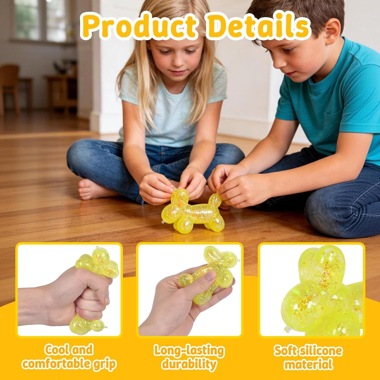 Balloon Dog Squishy Toy, Stretchy Sensory Fidget Toy for Kids and Adults, 1.97in Soft Stress Relief Squeeze Toy, Cute Balloon Animal Desk Toy, Glitter Squishy Gift(Yellow)