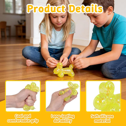 Balloon Dog Squishy Toy, Stretchy Sensory Fidget Toy for Kids and Adults, 1.97in Soft Stress Relief Squeeze Toy, Cute Balloon Animal Desk Toy, Glitter Squishy Gift(Yellow)