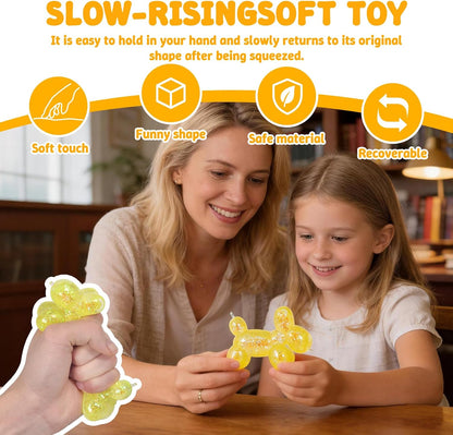 Balloon Dog Squishy Toy, Stretchy Sensory Fidget Toy for Kids and Adults, 1.97in Soft Stress Relief Squeeze Toy, Cute Balloon Animal Desk Toy, Glitter Squishy Gift(Yellow)