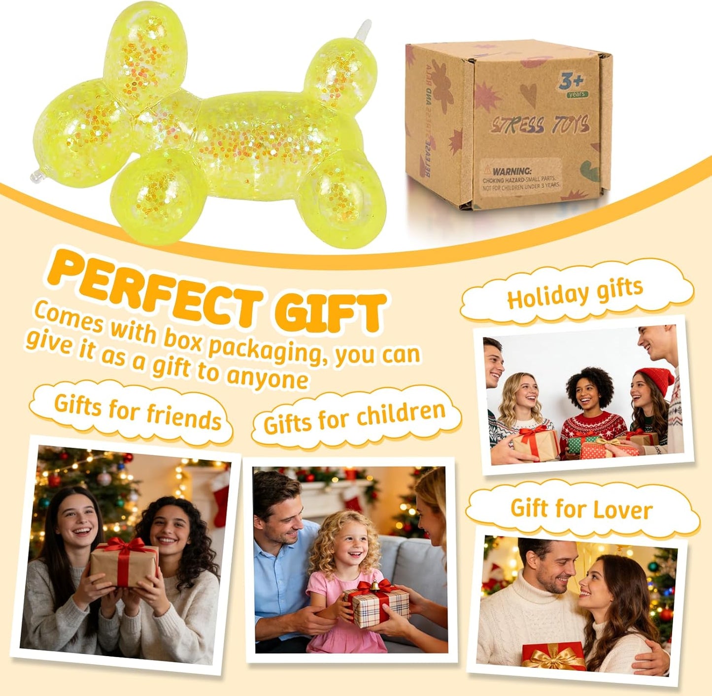 Balloon Dog Squishy Toy, Stretchy Sensory Fidget Toy for Kids and Adults, 1.97in Soft Stress Relief Squeeze Toy, Cute Balloon Animal Desk Toy, Glitter Squishy Gift(Yellow)