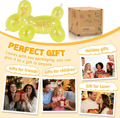 Balloon Dog Squishy Toy, Stretchy Sensory Fidget Toy for Kids and Adults, 1.97in Soft Stress Relief Squeeze Toy, Cute Balloon Animal Desk Toy, Glitter Squishy Gift(Yellow)