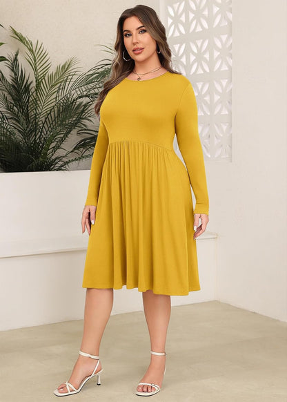 Women's Plus Size Dresses Long Sleeves Crew Neck Casual Dresses Empire Waist Loose Flowy Dress with Pockets
