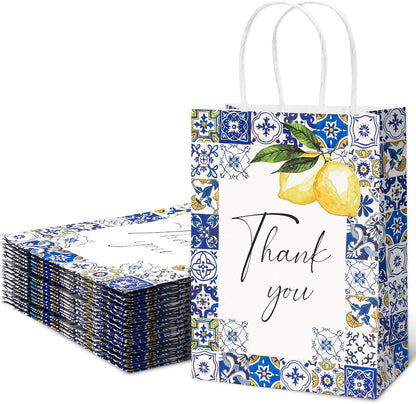 12 Pack Lemon Thank You Gift Bags Blue Tiles Paper Bag with Handle Candy Goodie Treat Bags for Celebration Wedding Birthday Baby Shower Party Favor Supplies, 5.9 x 8.3 x 3.1 Inch