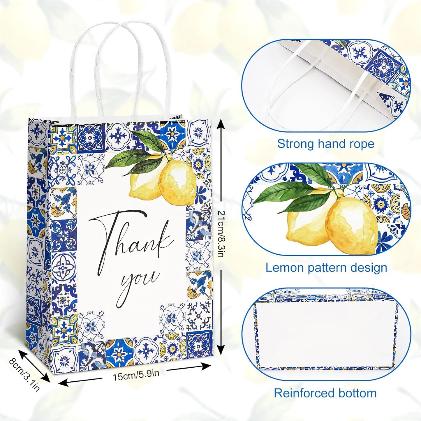 12 Pack Lemon Thank You Gift Bags Blue Tiles Paper Bag with Handle Candy Goodie Treat Bags for Celebration Wedding Birthday Baby Shower Party Favor Supplies, 5.9 x 8.3 x 3.1 Inch