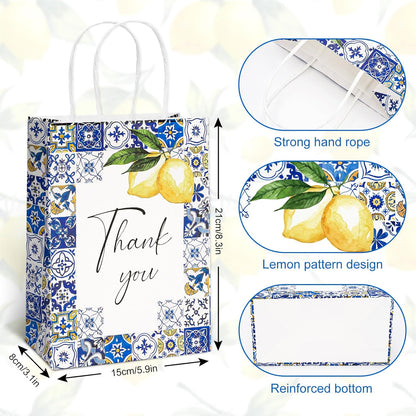 12 Pack Lemon Thank You Gift Bags Blue Tiles Paper Bag with Handle Candy Goodie Treat Bags for Celebration Wedding Birthday Baby Shower Party Favor Supplies, 5.9 x 8.3 x 3.1 Inch