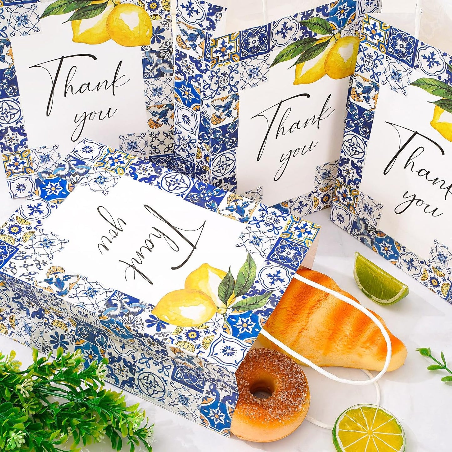 12 Pack Lemon Thank You Gift Bags Blue Tiles Paper Bag with Handle Candy Goodie Treat Bags for Celebration Wedding Birthday Baby Shower Party Favor Supplies, 5.9 x 8.3 x 3.1 Inch