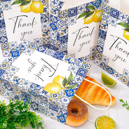 12 Pack Lemon Thank You Gift Bags Blue Tiles Paper Bag with Handle Candy Goodie Treat Bags for Celebration Wedding Birthday Baby Shower Party Favor Supplies, 5.9 x 8.3 x 3.1 Inch