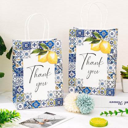 12 Pack Lemon Thank You Gift Bags Blue Tiles Paper Bag with Handle Candy Goodie Treat Bags for Celebration Wedding Birthday Baby Shower Party Favor Supplies, 5.9 x 8.3 x 3.1 Inch