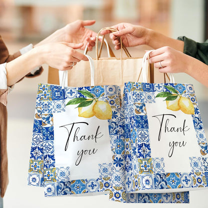 12 Pack Lemon Thank You Gift Bags Blue Tiles Paper Bag with Handle Candy Goodie Treat Bags for Celebration Wedding Birthday Baby Shower Party Favor Supplies, 5.9 x 8.3 x 3.1 Inch