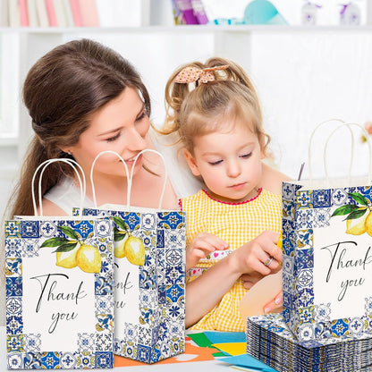 12 Pack Lemon Thank You Gift Bags Blue Tiles Paper Bag with Handle Candy Goodie Treat Bags for Celebration Wedding Birthday Baby Shower Party Favor Supplies, 5.9 x 8.3 x 3.1 Inch