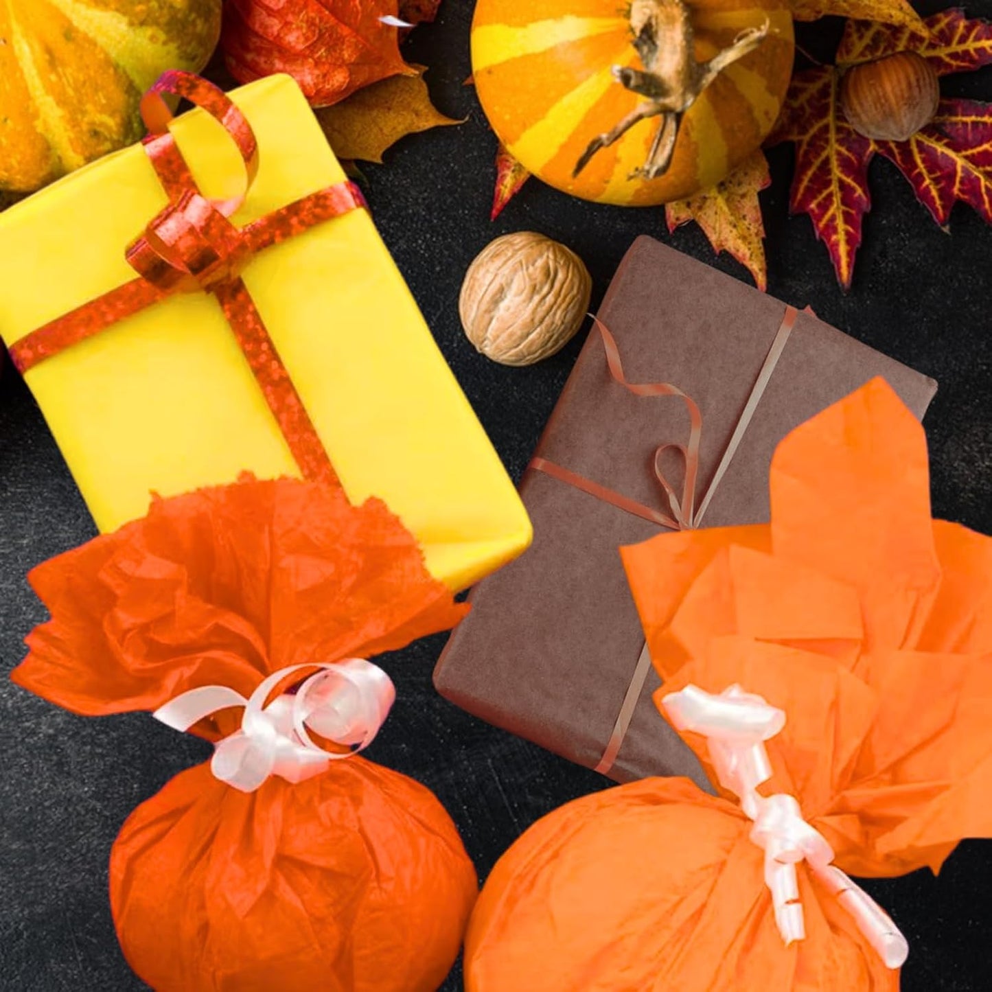 Orange Tissue Paper, 60 Sheets Yellow Tissue Paper for Gift Bags, Autumn Halloween DIY Crafts, Wrapping Tissue Paper for Gifts, 20 X 14 Inches