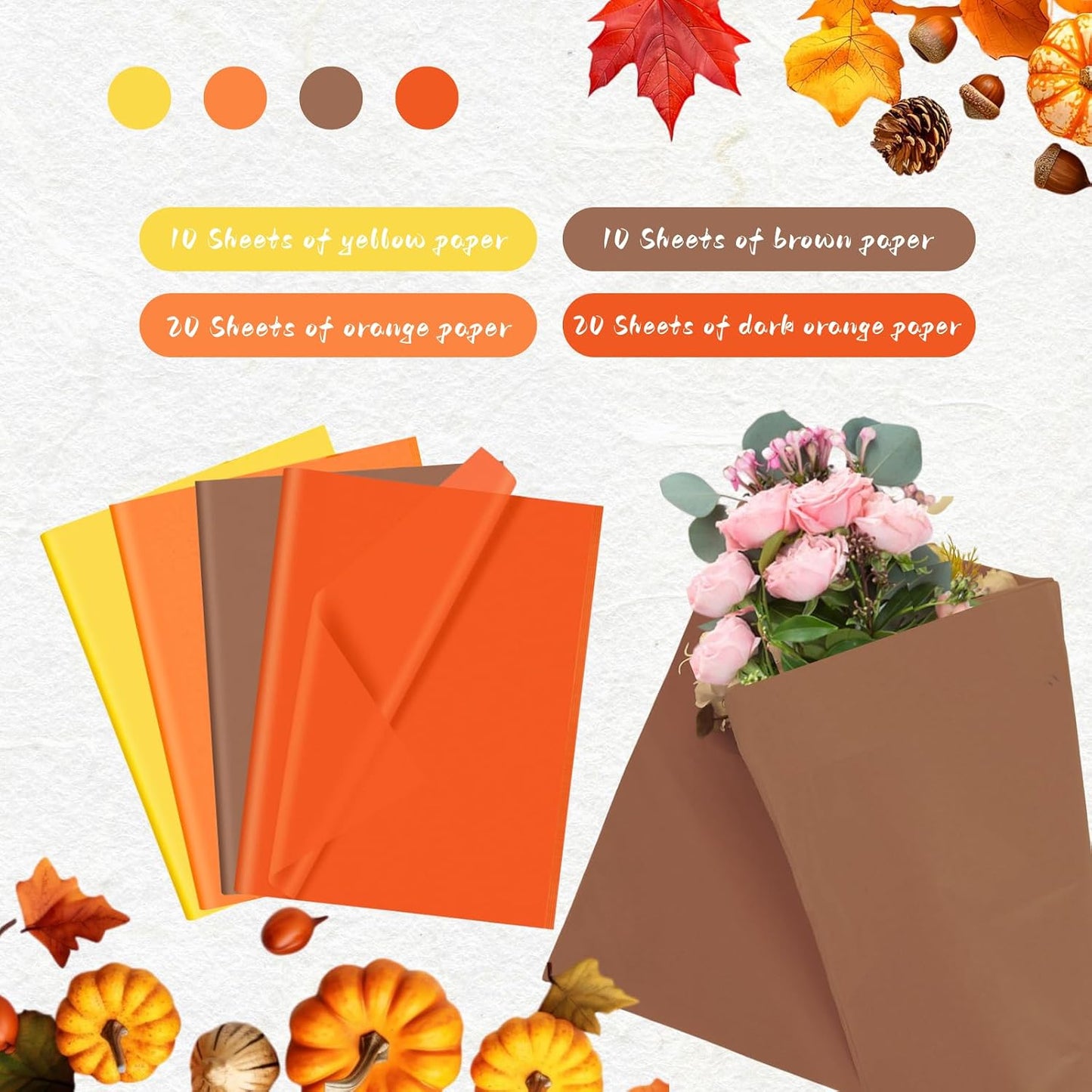 Orange Tissue Paper, 60 Sheets Yellow Tissue Paper for Gift Bags, Autumn Halloween DIY Crafts, Wrapping Tissue Paper for Gifts, 20 X 14 Inches