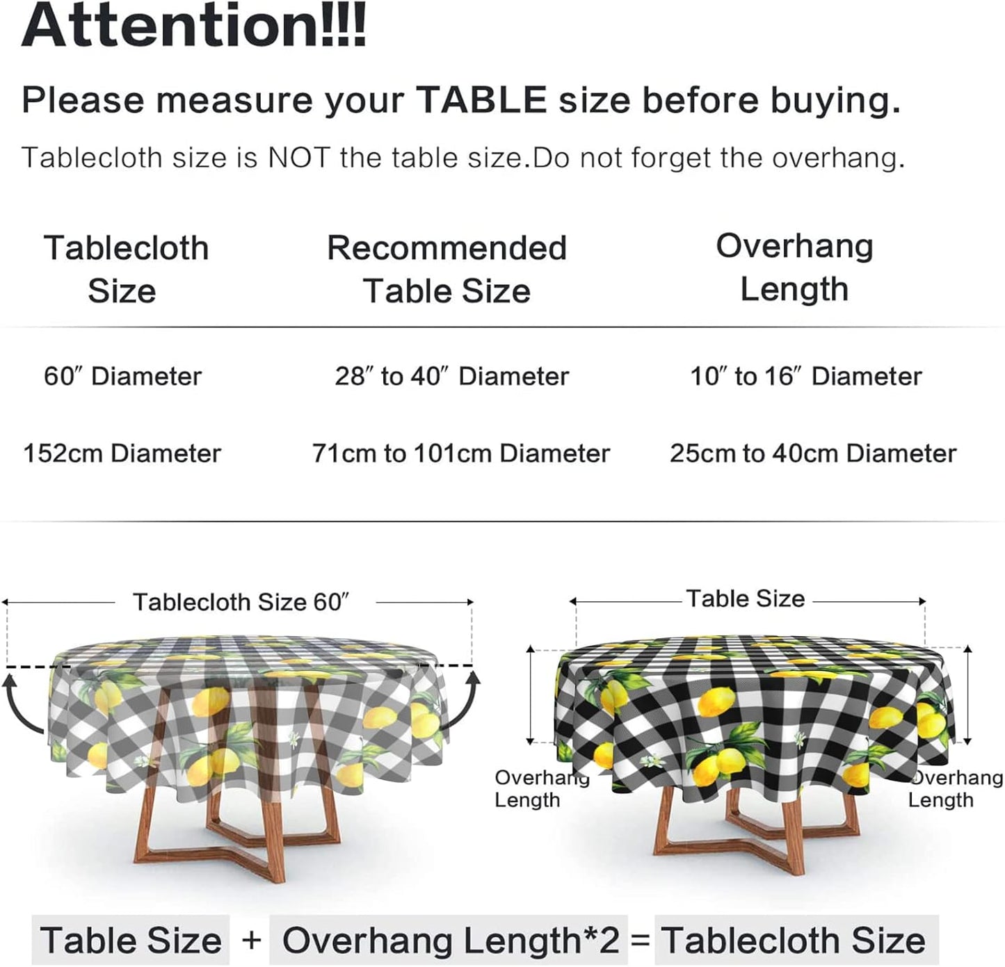Lemon Tablecloth Washable Reusable Anti-Wrinkle Round Tablecloth 60 Inch for Home Parties Indoor Dinner and Outdoor Picnic Kitchen Dining Decor