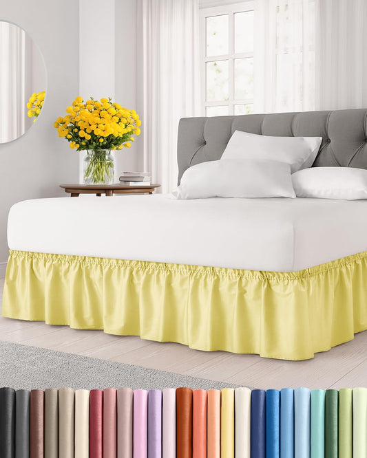 Wrap Around Dust Ruffle Bed Skirt for College Dorm - Yellow - Twin/Twin XL Size Beds w/ 15 Inch Drop - Elastic Strap & Adjustable Pleated Bedskirt - Wrinkle & Fade Free - for Women, Men, Kids & Teens
