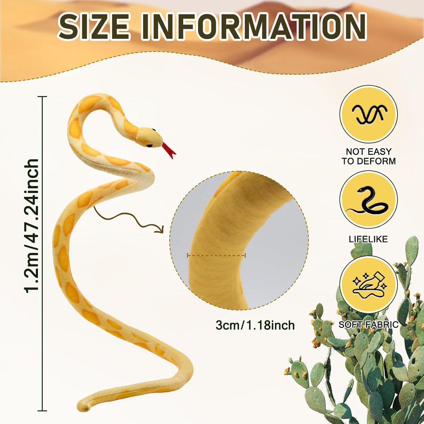 3.6 ft Long Lifelike Snake Stuffed Animal Toys - Funny Prank Props (Yellow) | Realistic Python Plush Doll, Cuddly Soft Plushie, Gag Gifts for Kids & Adult, Birthday, Christmas, Halloween Decor