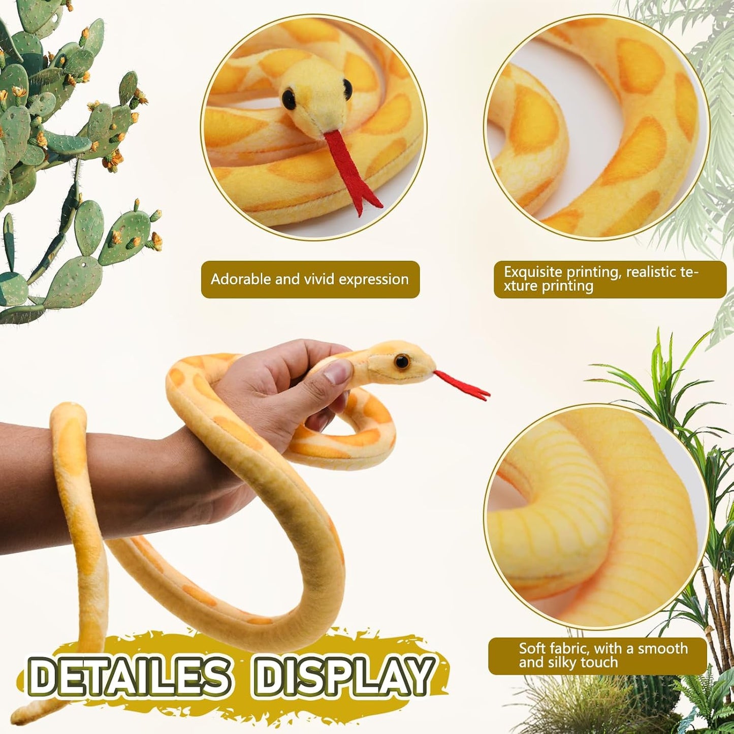 3.6 ft Long Lifelike Snake Stuffed Animal Toys - Funny Prank Props (Yellow) | Realistic Python Plush Doll, Cuddly Soft Plushie, Gag Gifts for Kids & Adult, Birthday, Christmas, Halloween Decor