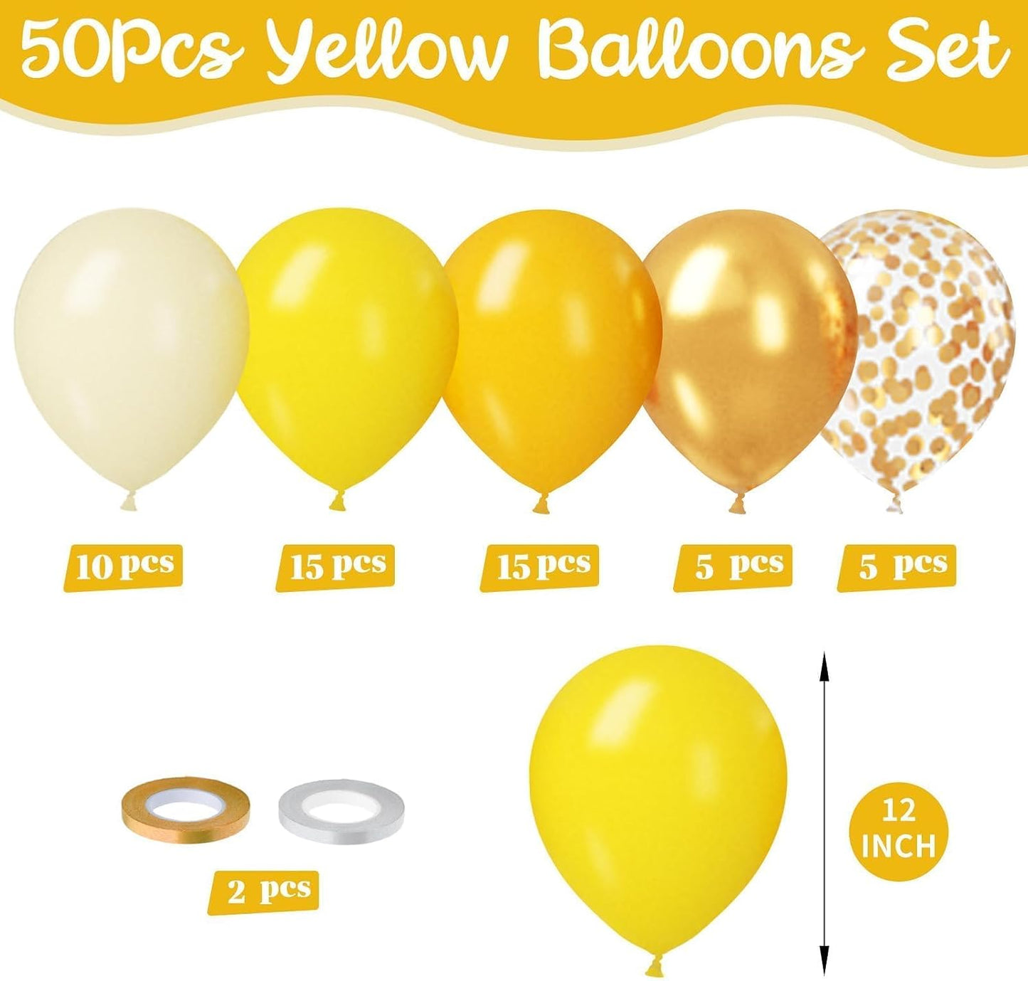 Yellow and Gold Balloon Set - 50Pcs 12 Inch Metallic Gold Confetti and Light Lemon Latex Balloons for Baby Shower, Bee Party, Sunflower Fall Birthday Decorations