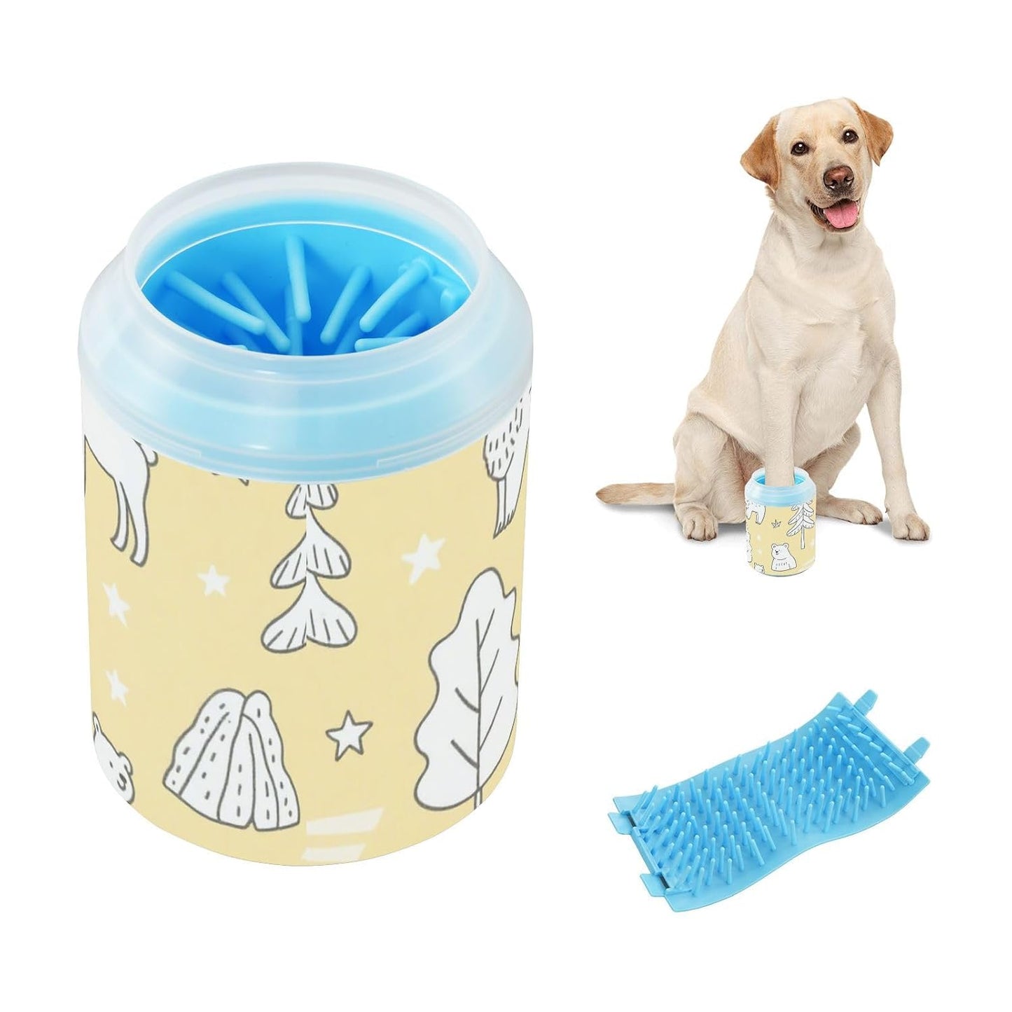 Nordic Animal Deer Yellow Star Reusable Paw Cleaner Cup with Soft Silicone Brush Pets Feet Cleaning Kit for Small Medium Large Breed Dogs/Cats