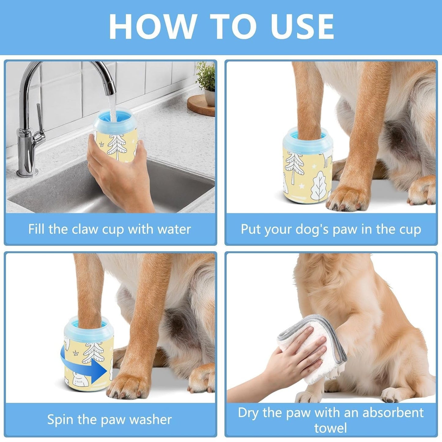 Nordic Animal Deer Yellow Star Reusable Paw Cleaner Cup with Soft Silicone Brush Pets Feet Cleaning Kit for Small Medium Large Breed Dogs/Cats