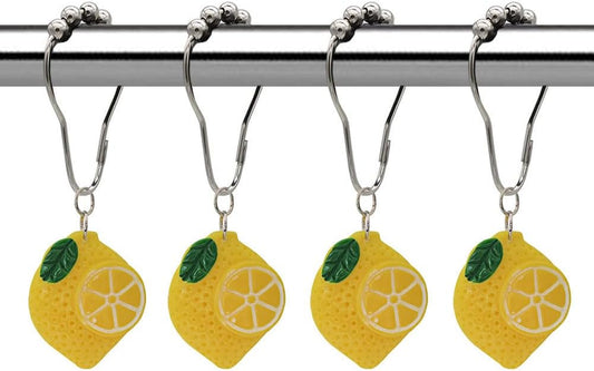 12 Pcs Yellow Lemon Shower Curtain Hooks, Rust Proof Stainless Steel Shower Curtain Rings, Decorative Metal Curtain Hanger for Resin Fruit Lemon Theme Bathroom Shower Rods Decor