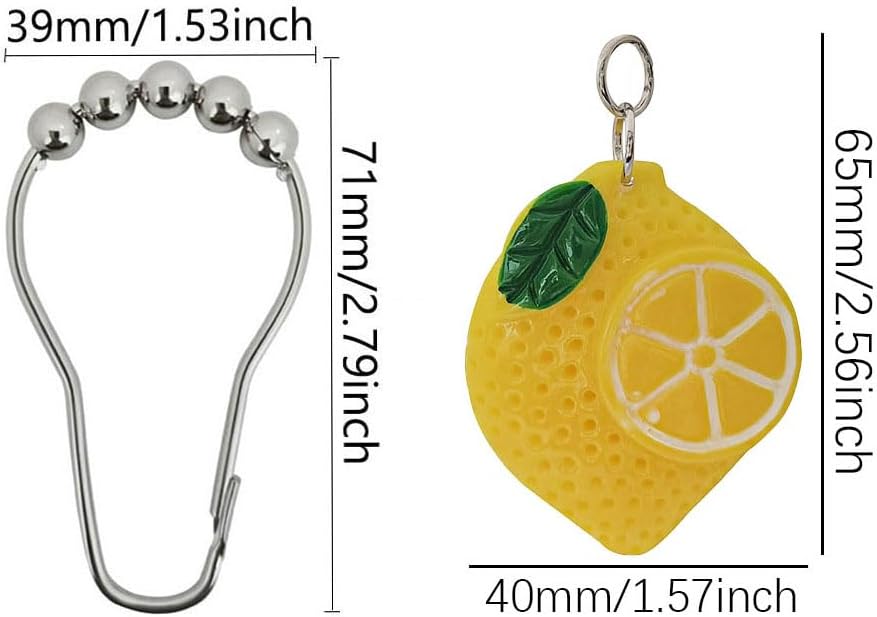 12 Pcs Yellow Lemon Shower Curtain Hooks, Rust Proof Stainless Steel Shower Curtain Rings, Decorative Metal Curtain Hanger for Resin Fruit Lemon Theme Bathroom Shower Rods Decor