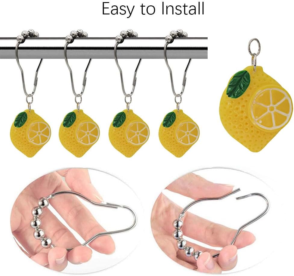 12 Pcs Yellow Lemon Shower Curtain Hooks, Rust Proof Stainless Steel Shower Curtain Rings, Decorative Metal Curtain Hanger for Resin Fruit Lemon Theme Bathroom Shower Rods Decor