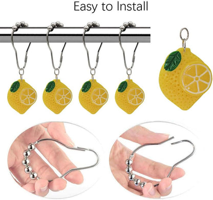 12 Pcs Yellow Lemon Shower Curtain Hooks, Rust Proof Stainless Steel Shower Curtain Rings, Decorative Metal Curtain Hanger for Resin Fruit Lemon Theme Bathroom Shower Rods Decor