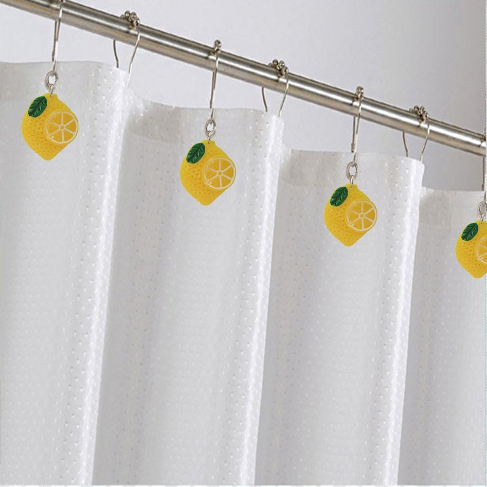 12 Pcs Yellow Lemon Shower Curtain Hooks, Rust Proof Stainless Steel Shower Curtain Rings, Decorative Metal Curtain Hanger for Resin Fruit Lemon Theme Bathroom Shower Rods Decor
