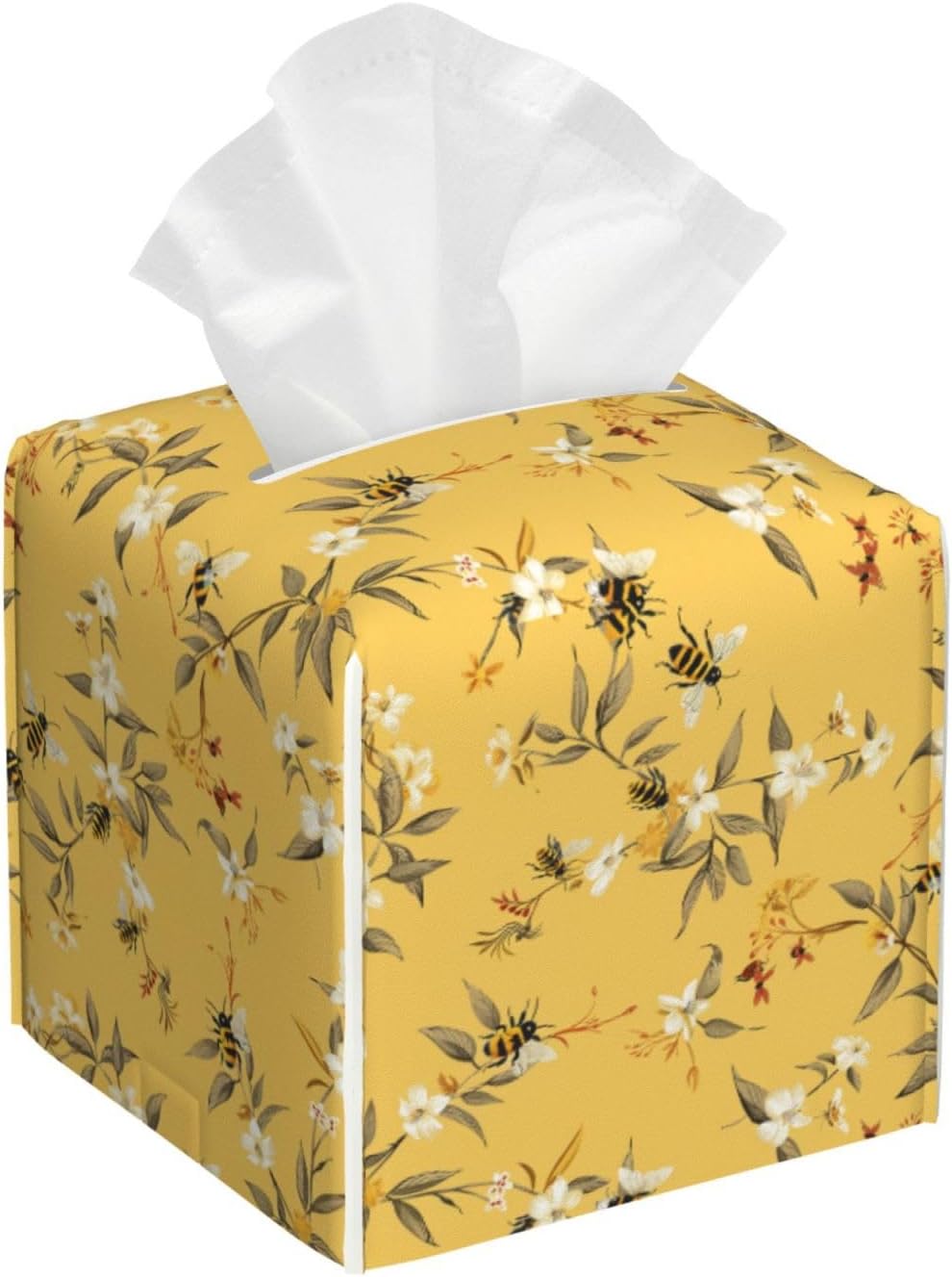 Tissue Box Cover, Yellow Bee Flower Square Leather Tissue Box Holder, Home Decorative Facial Tissue Paper Organizer for Bathroom Kitchen Desktop