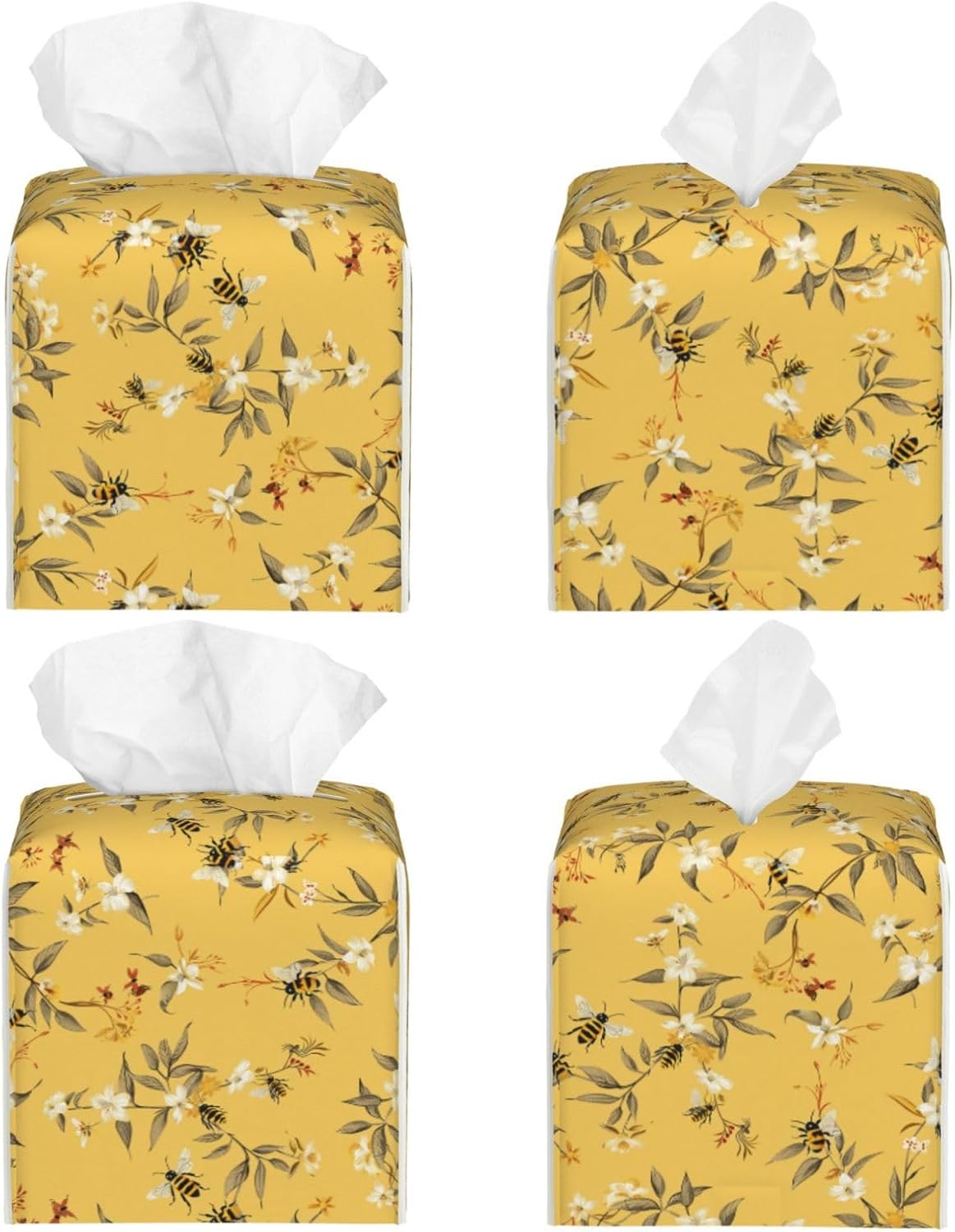 Tissue Box Cover, Yellow Bee Flower Square Leather Tissue Box Holder, Home Decorative Facial Tissue Paper Organizer for Bathroom Kitchen Desktop