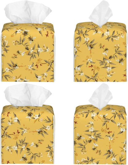Tissue Box Cover, Yellow Bee Flower Square Leather Tissue Box Holder, Home Decorative Facial Tissue Paper Organizer for Bathroom Kitchen Desktop