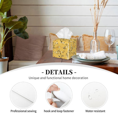 Tissue Box Cover, Yellow Bee Flower Square Leather Tissue Box Holder, Home Decorative Facial Tissue Paper Organizer for Bathroom Kitchen Desktop