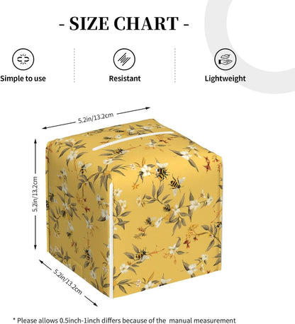 Tissue Box Cover, Yellow Bee Flower Square Leather Tissue Box Holder, Home Decorative Facial Tissue Paper Organizer for Bathroom Kitchen Desktop