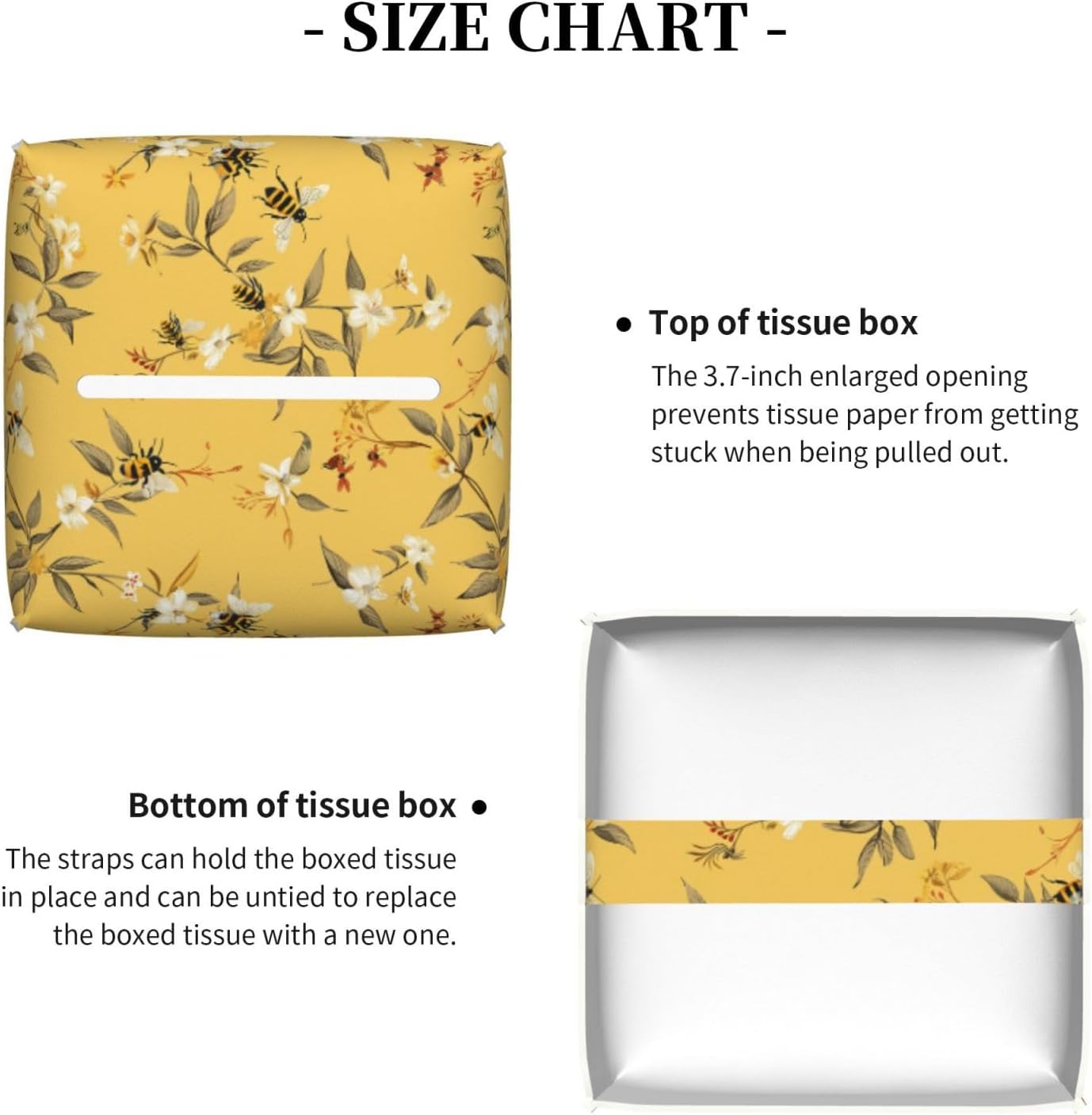 Tissue Box Cover, Yellow Bee Flower Square Leather Tissue Box Holder, Home Decorative Facial Tissue Paper Organizer for Bathroom Kitchen Desktop