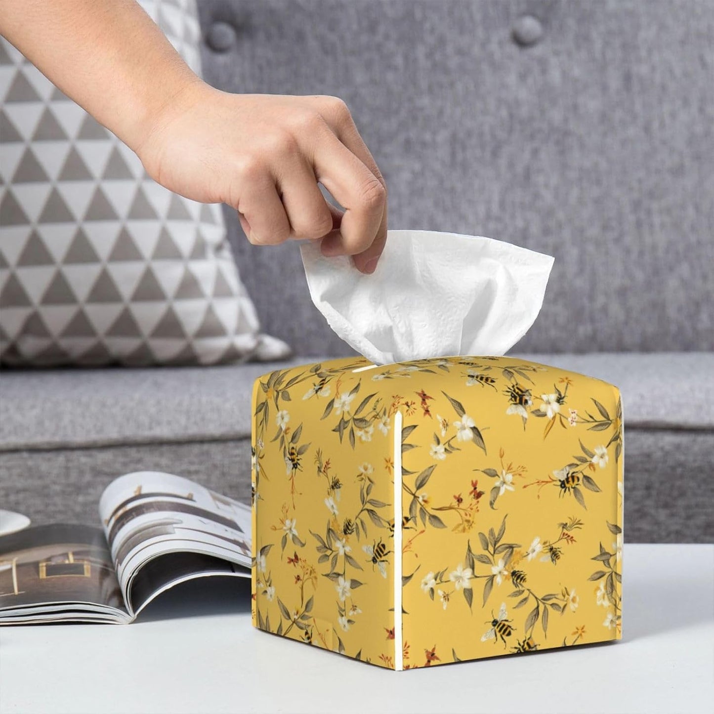 Tissue Box Cover, Yellow Bee Flower Square Leather Tissue Box Holder, Home Decorative Facial Tissue Paper Organizer for Bathroom Kitchen Desktop