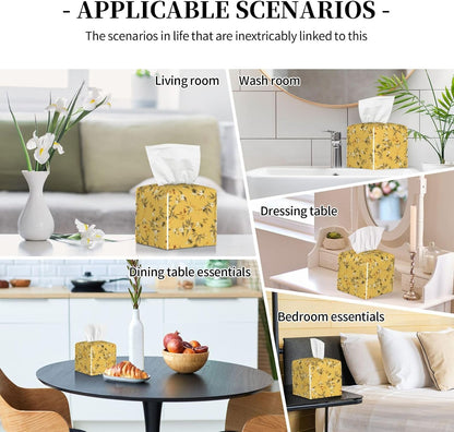 Tissue Box Cover, Yellow Bee Flower Square Leather Tissue Box Holder, Home Decorative Facial Tissue Paper Organizer for Bathroom Kitchen Desktop