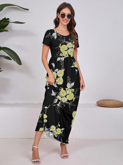 Maxi Dress for Women Short Sleeve Casual Summer Loose Plain Comfy Long Dresses with Pockets