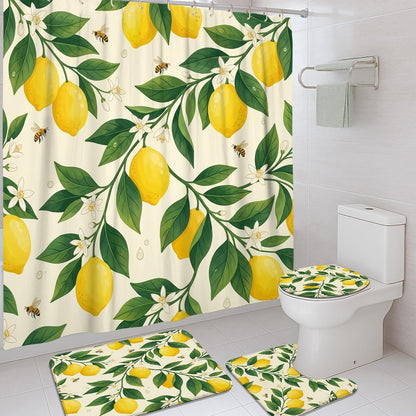 Lemon Shower Curtain Sets, Summer Botanical Leaf Flower Summer Yellow Waterproof Fabric Bathroom Bathtub Shower Curtain Sets with Rugs Decorative for Toile Guest Room 72x72 Inch