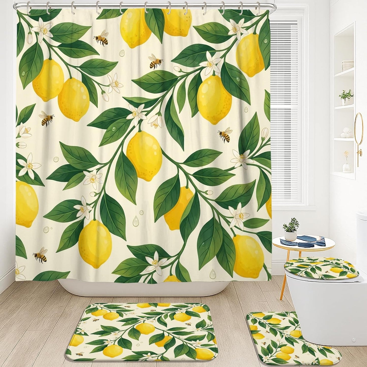 Lemon Shower Curtain Sets, Summer Botanical Leaf Flower Summer Yellow Waterproof Fabric Bathroom Bathtub Shower Curtain Sets with Rugs Decorative for Toile Guest Room 72x72 Inch