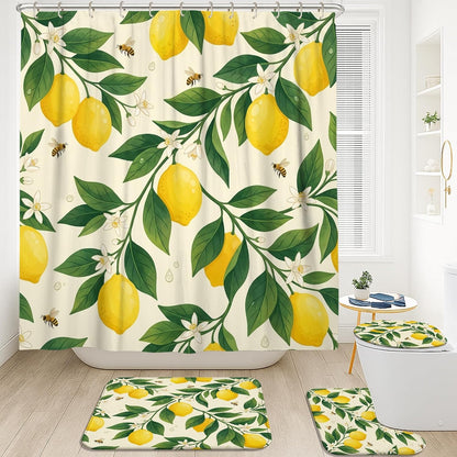 Lemon Shower Curtain Sets, Summer Botanical Leaf Flower Summer Yellow Waterproof Fabric Bathroom Bathtub Shower Curtain Sets with Rugs Decorative for Toile Guest Room 72x72 Inch