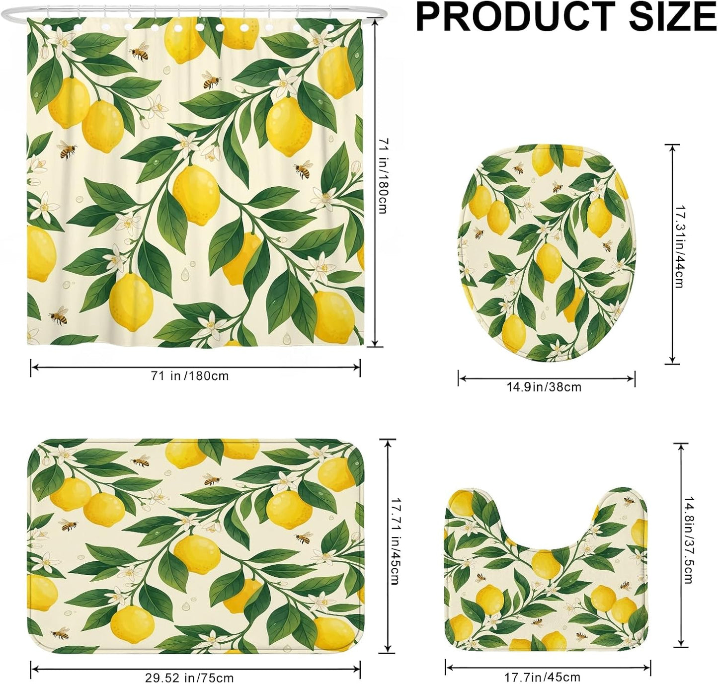 Lemon Shower Curtain Sets, Summer Botanical Leaf Flower Summer Yellow Waterproof Fabric Bathroom Bathtub Shower Curtain Sets with Rugs Decorative for Toile Guest Room 72x72 Inch