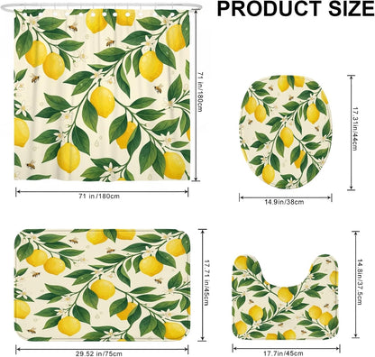 Lemon Shower Curtain Sets, Summer Botanical Leaf Flower Summer Yellow Waterproof Fabric Bathroom Bathtub Shower Curtain Sets with Rugs Decorative for Toile Guest Room 72x72 Inch