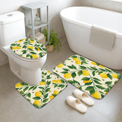 Lemon Shower Curtain Sets, Summer Botanical Leaf Flower Summer Yellow Waterproof Fabric Bathroom Bathtub Shower Curtain Sets with Rugs Decorative for Toile Guest Room 72x72 Inch